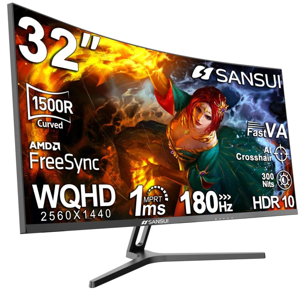 SANSUI 32-Inch Curved Gaming Monitor WQHD 2560 x 1440 180Hz Curved 1500R -Fast V
