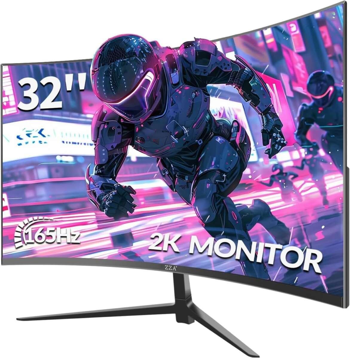 ZZA 32 Inch Curved Monitor,1440p VA Screen 165Hz, 1500R Curved Gming Monitor,Com