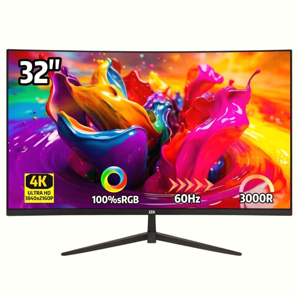 ZZA 32 Inch 4K UHD Curved Monitor , VA,60Hz Refresh Rate, 100% sRGB, Adaptive Sy