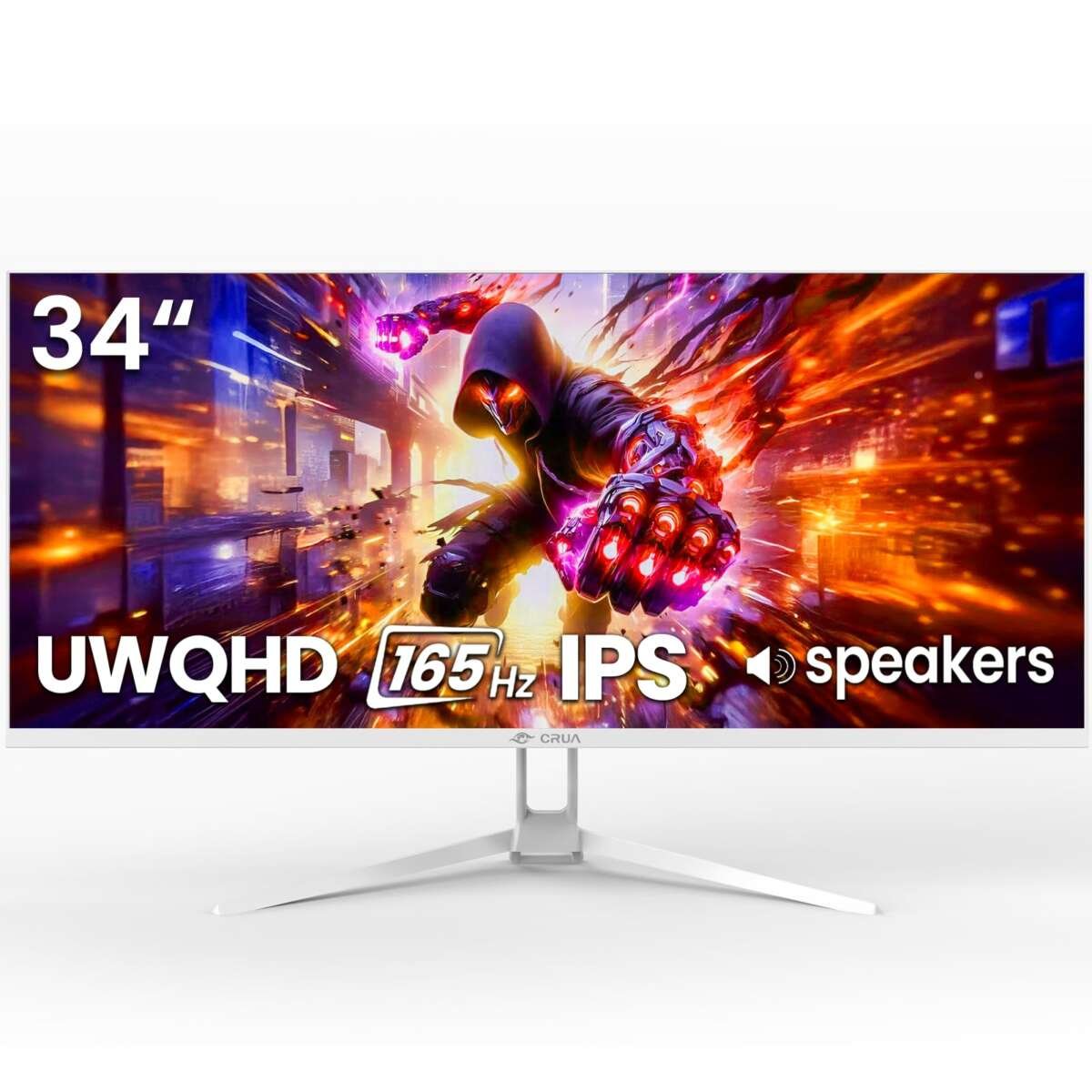 CRUA 34'' White Gaming Monitor, 165HZ/144HZ, WQHD IPS UltraWide Screen Computer 