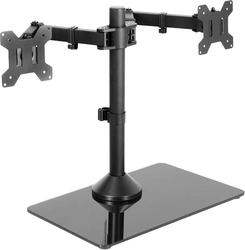 VIVO Freestanding Dual Monitor Stand: Sleek Glass Base, Adjustable Arm