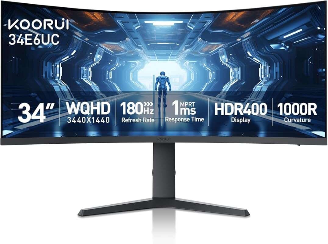 KOORUI 34-inch Curved Ultrawide WQHD 180Hz Gaming Monitor, 1ms, HDR400
