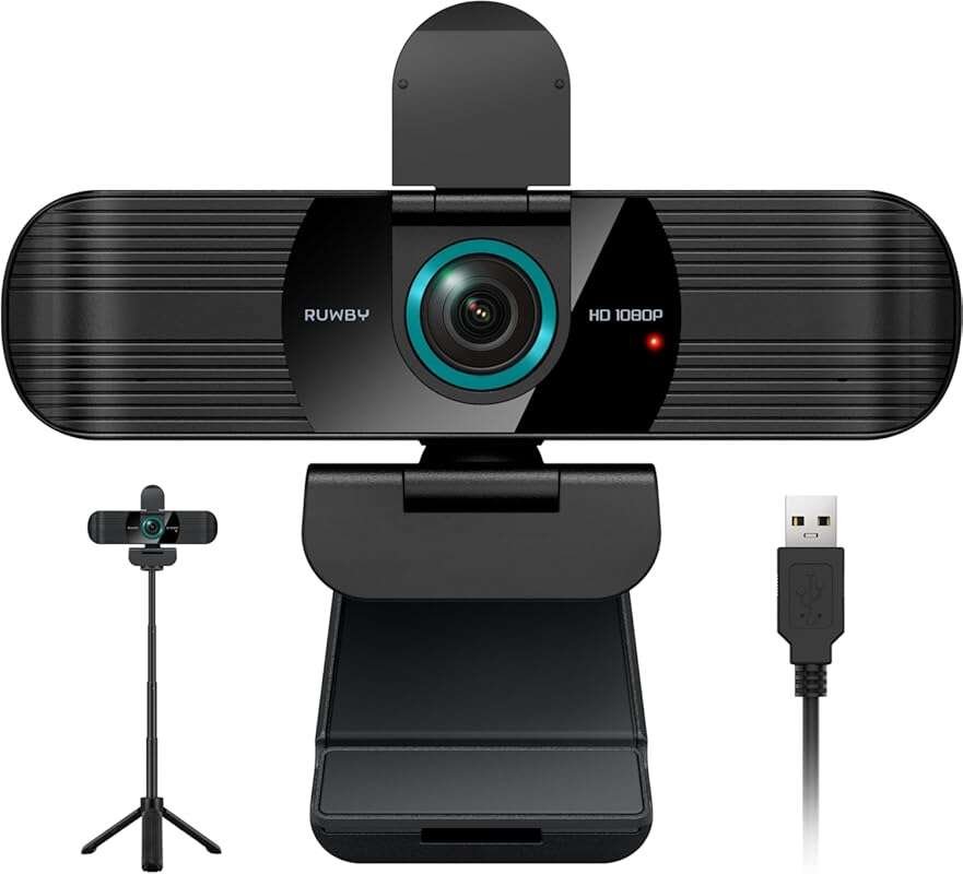 RUWBY 1080P HD Webcam with Dual Mics, Wide-Angle Lens, Privacy Cover, 