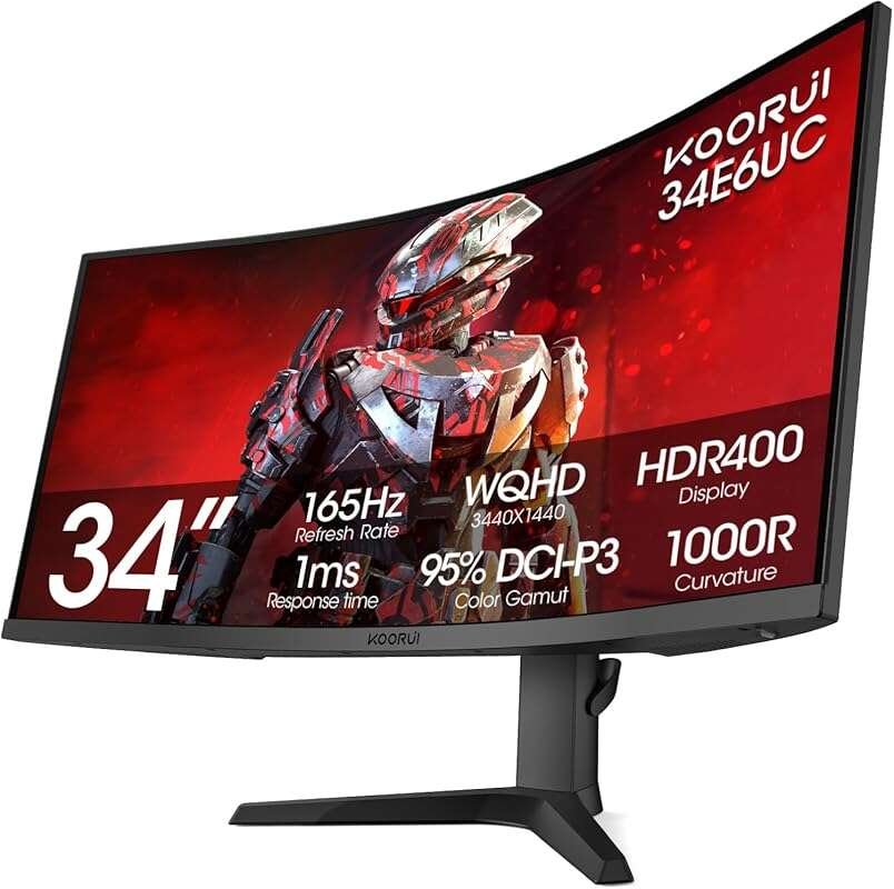 KOORUI 34-inch Ultrawide Curved WQHD 165Hz Gaming Monitor: 1000R, 1ms 