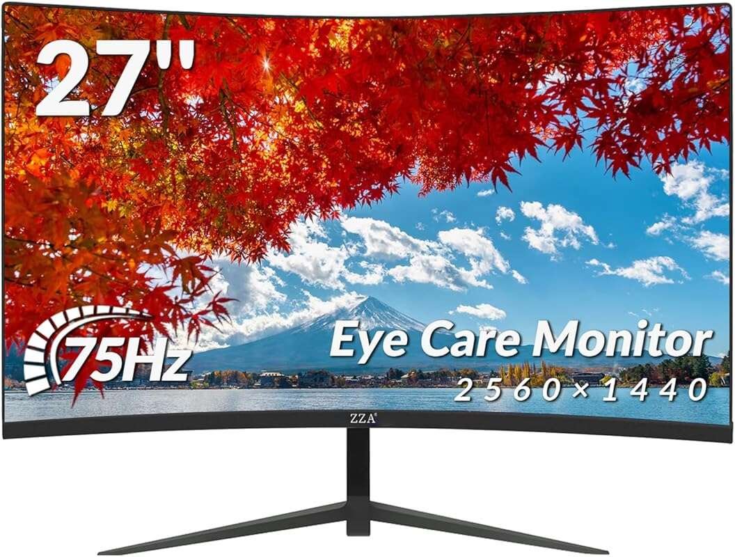ZZA 27 Inch 2K QHD Curved Gaming Monitor, 75Hz, Tilt Adjustable, Wall 