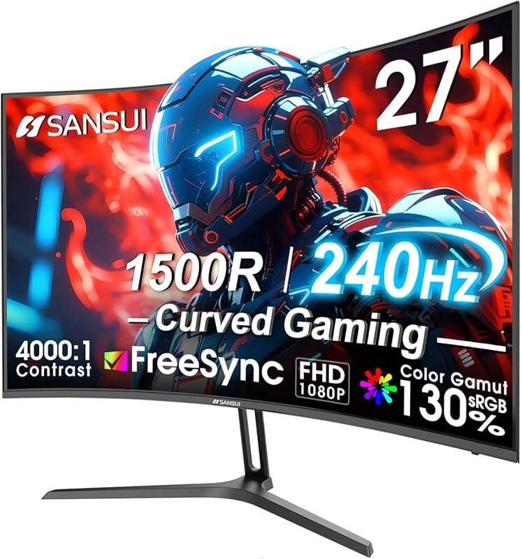 SANSUI 27 Inch Curved 240Hz FHD 1080P Gaming Monitor: 1500R, 1ms, HDR,