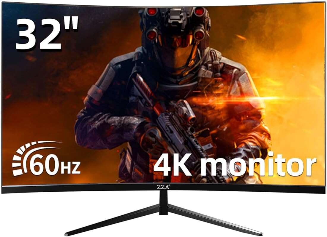 ZZA 32 Inch 4K UHD Curved 3000R VA Gaming Monitor, 60Hz, 100% sRGB, HD