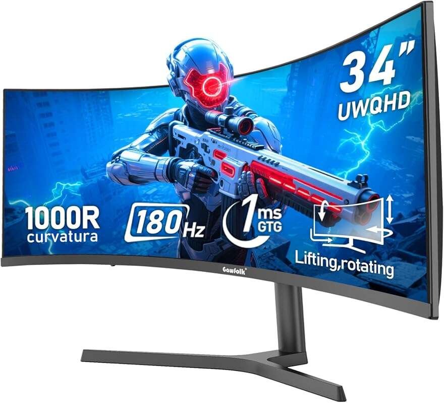 Gawfolk 34 Inch Ultrawide Curved 180Hz Gaming Monitor: UWQHD 3440x1440