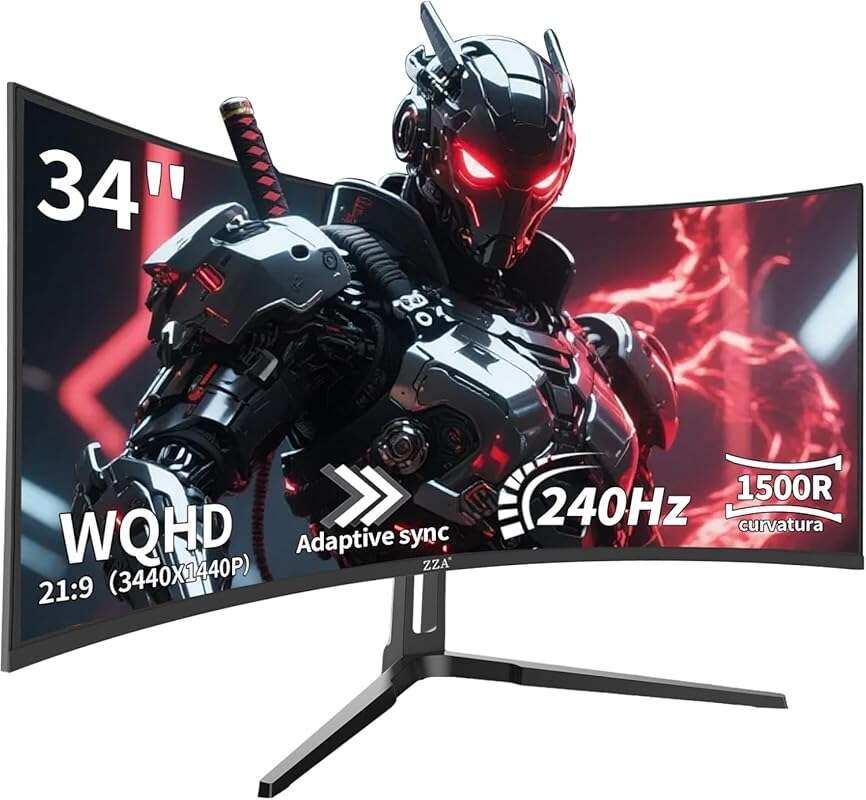 ZZA 34 Inch 240Hz Curved Gaming Monitor, 3440x1440 UltraWide WQHD, 1ms