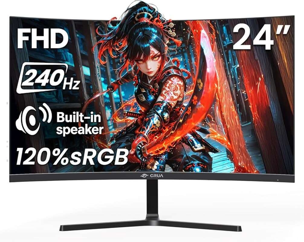 CRUA 24” 240Hz Curved Gaming Monitor: FHD 1080P, Built-in Speakers, 12