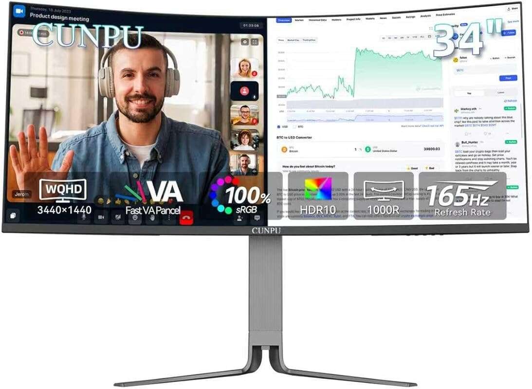 CUNPU 34 Inch Curved Ultrawide Productivity Monitor with 65W USB-C, KV