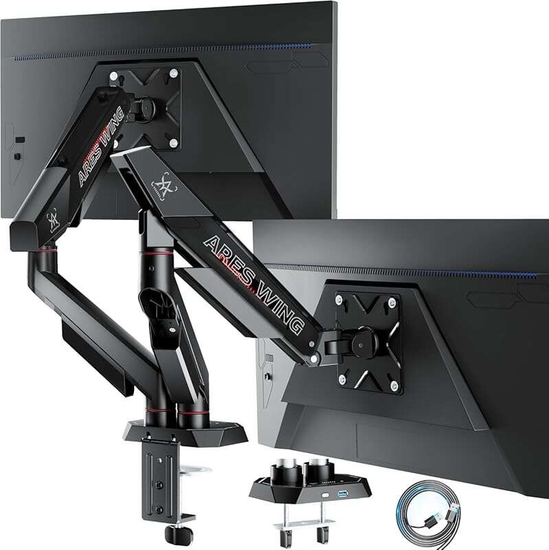 ARES WING Heavy Duty Dual Monitor Arm: Adjustable Mount for 17-35
