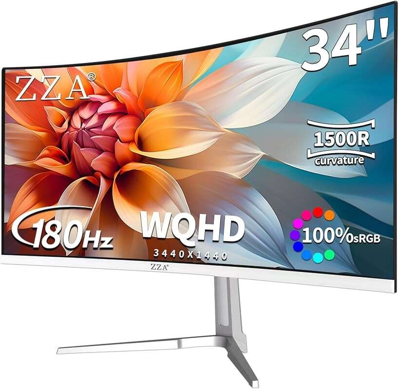 ZZA 34'' Ultrawide 165Hz/180Hz WQHD White Curved Gaming Monitor