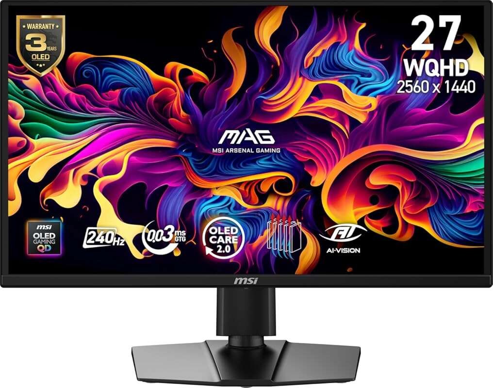 MSI MAG 272QP QD-OLED 27-inch QHD Gaming Monitor: 240Hz, 0.03ms, Adapt