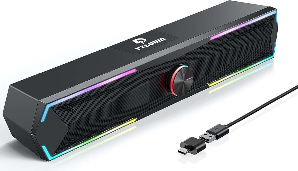 Tylubio Stereo PC Sound Bar with Flowing LED Lights & Push-Button Cont